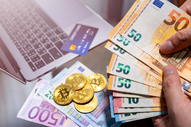 Euro Currency And Bitcoin Electronic Money For Online Purchases - 